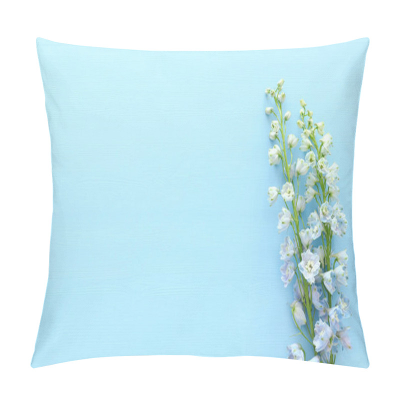 Personality  Spring Bouquet Of Blue Flowers Over Blue Wooden Background. Top View, Flat Lay Pillow Covers