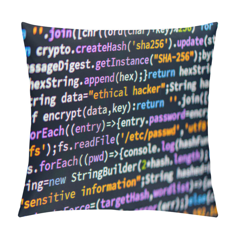 Personality  Ethical Hacker. A Coded JavaScript Webpage Snippet, With Highlighted Syntax And Potential User Authentication Or Data Security Code Blocks Dark Background For Easy Readability Typical Setup For A Devel Pillow Covers