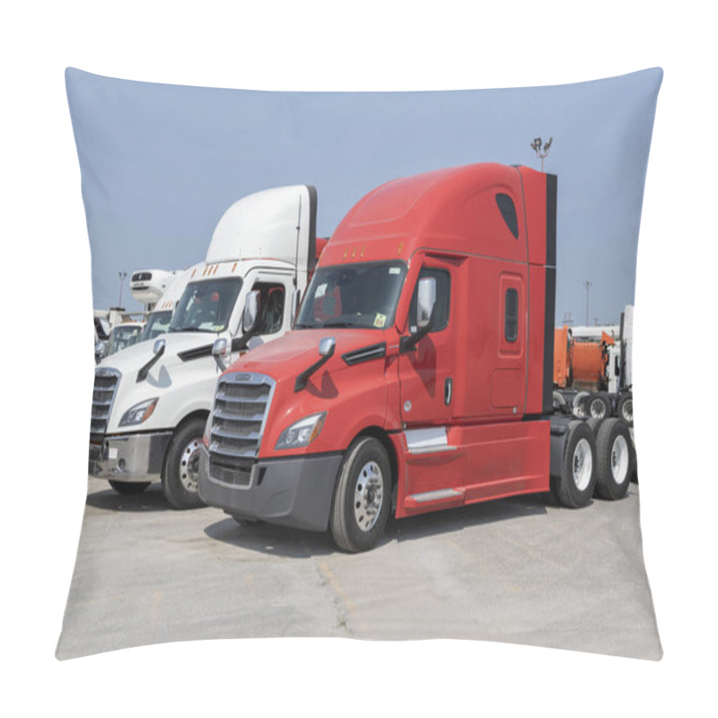 Personality  Indianapolis - August 1, 2023: Freightliner Semi Tractor Trailer Trucks Lined Up For Sale. Freightliner Is Owned By Daimler Trucks. Pillow Covers