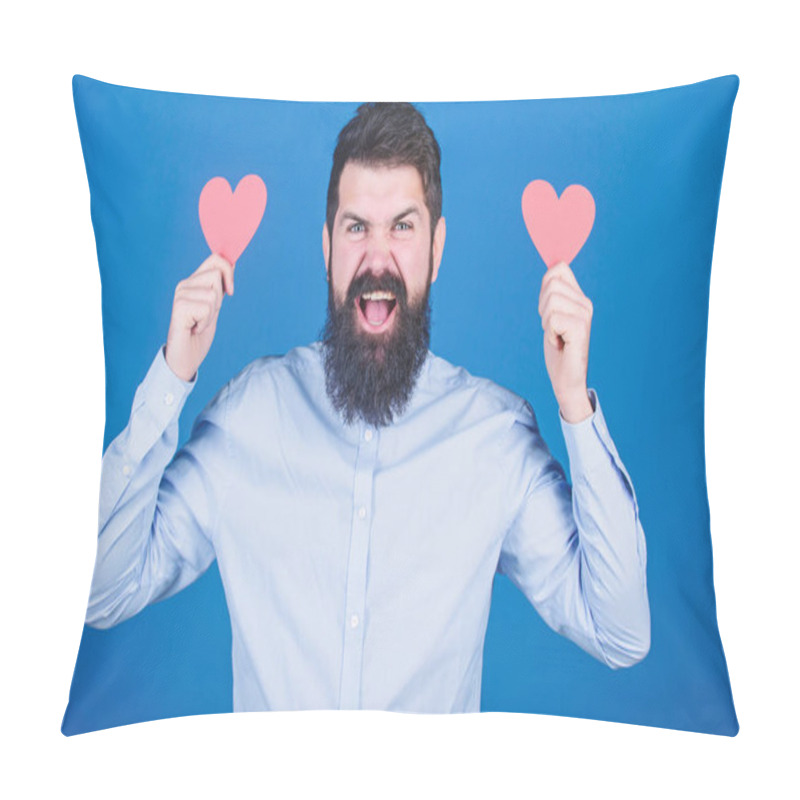 Personality  Valentines Hater. Bearded Man Holding Red Hearts. Sexy Valentine Man With Heart Shaped Cards. Hipster With Small Hearts. Anti Valentines Day. Expressing His Emotions Pillow Covers