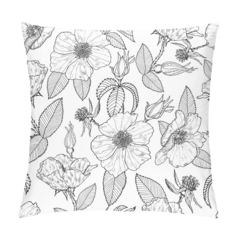 Personality  Seamless Pattern With Outline Wild Roses On The White Background. Endless Black End White Texture. Pillow Covers