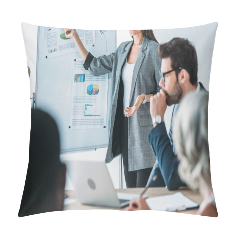 Personality  Cropped Image Of Smiling Businesswoman Pointing On Flipchart During Meeting In Office Pillow Covers