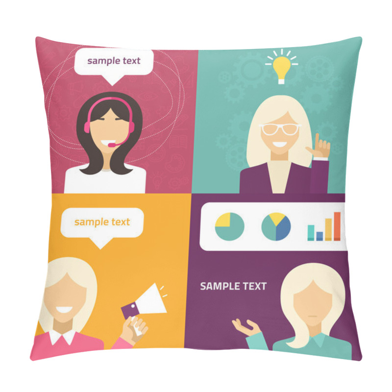 Personality  Vector Flat Icon And Illustration Set. Different People Character - Female, Technical Support, Creative Idea, Presentation, Promotion Pillow Covers