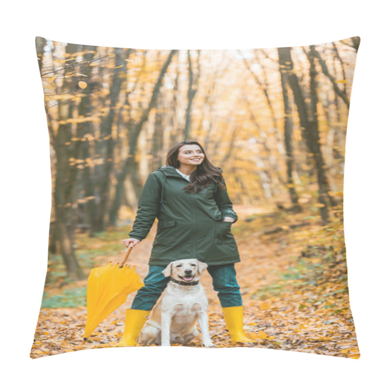 Personality  Adorable Golden Retriever Sitting Between Legs Of Woman In Rubber Boots With Yellow Umbrella In Autumnal Forest  Pillow Covers