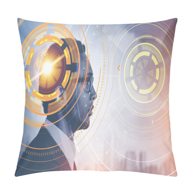 Personality  Side View Of A Young Handsome African American Businessman Wearing Glasses And A Dark Gray Suit Over Glowing Orange Graphical User Interface In City. Toned Image Double Exposure Mock Up Pillow Covers