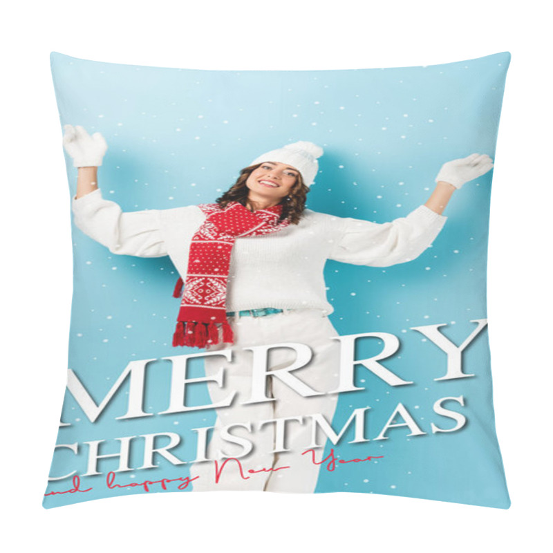 Personality  Joyful Woman In Winter Outfit, Warm Scarf, Gloves And Hat Standing With Outstretched Hands Near Merry Christmas And Happy New Year Lettering On Blue Pillow Covers