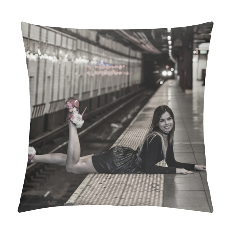 Personality  Sexy Model Lying At The Edge Of Subway Platform Pillow Covers