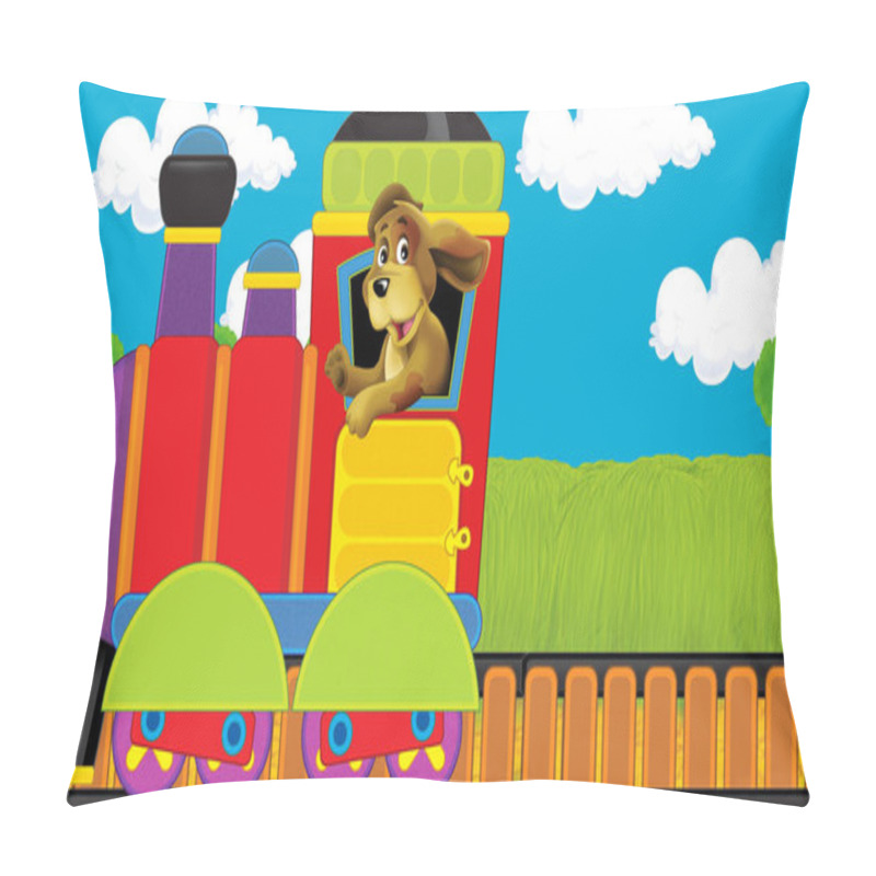 Personality  Cartoon Funny Looking Steam Train Going Through The Meadow - Illustration For Children Pillow Covers