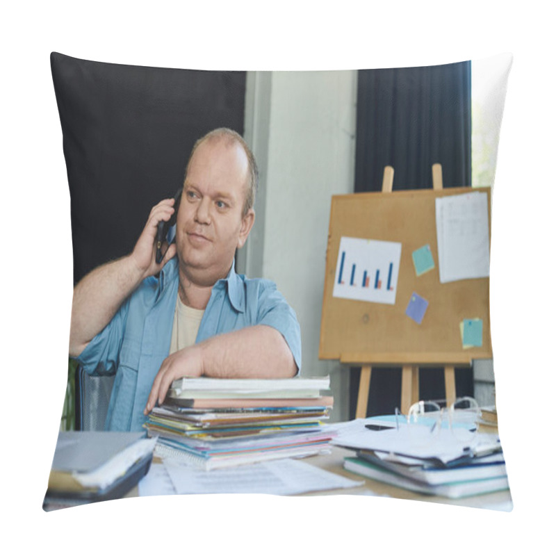 Personality  Man With Inclusivity At Desk With Phone, Surrounded By Paperwork In Busy Office. Pillow Covers