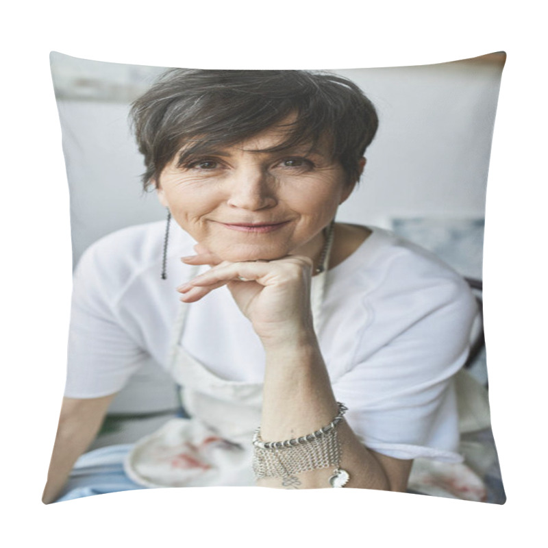 Personality  A Mature Woman Enjoys Her Time In The Art Studio, Expressing Creativity. Pillow Covers