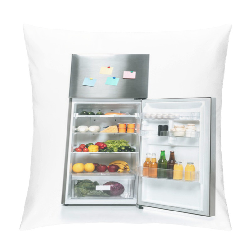 Personality  Open Fridge With Fresh Food On Shelves And Blank Sticky Notes Isolated On White Pillow Covers