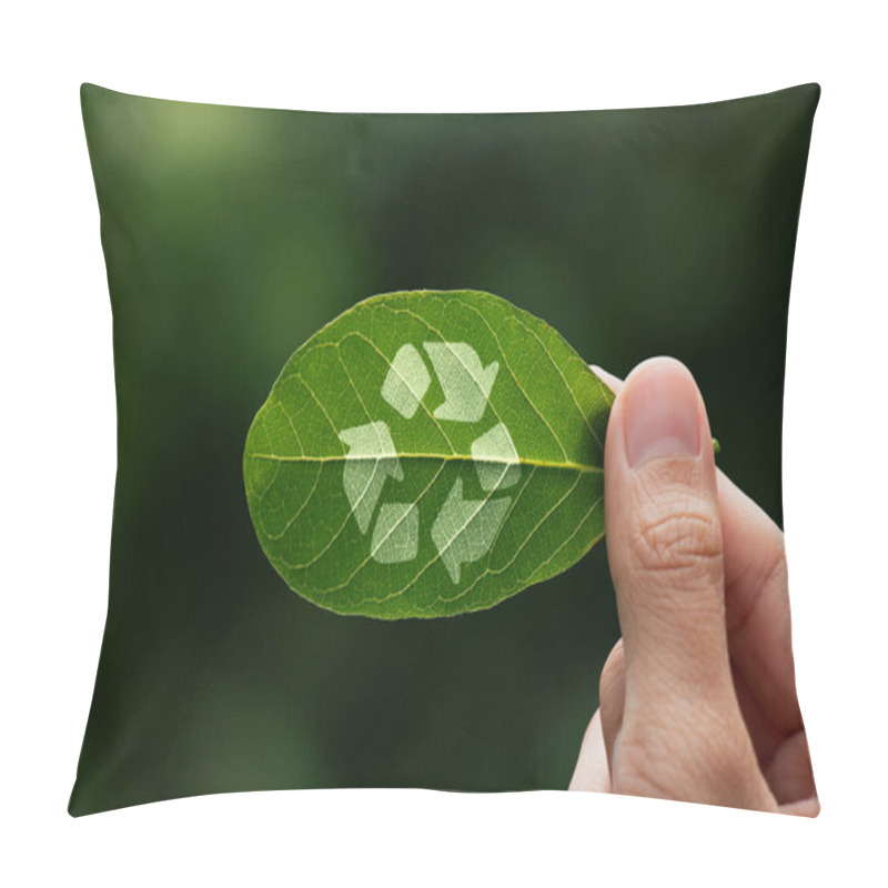 Personality  Hand Of Human Is Holding Painted Green Leaf With Recycle Arrow, Renewable Energy Carbon And Business ESG Goverment Concept. Pillow Covers