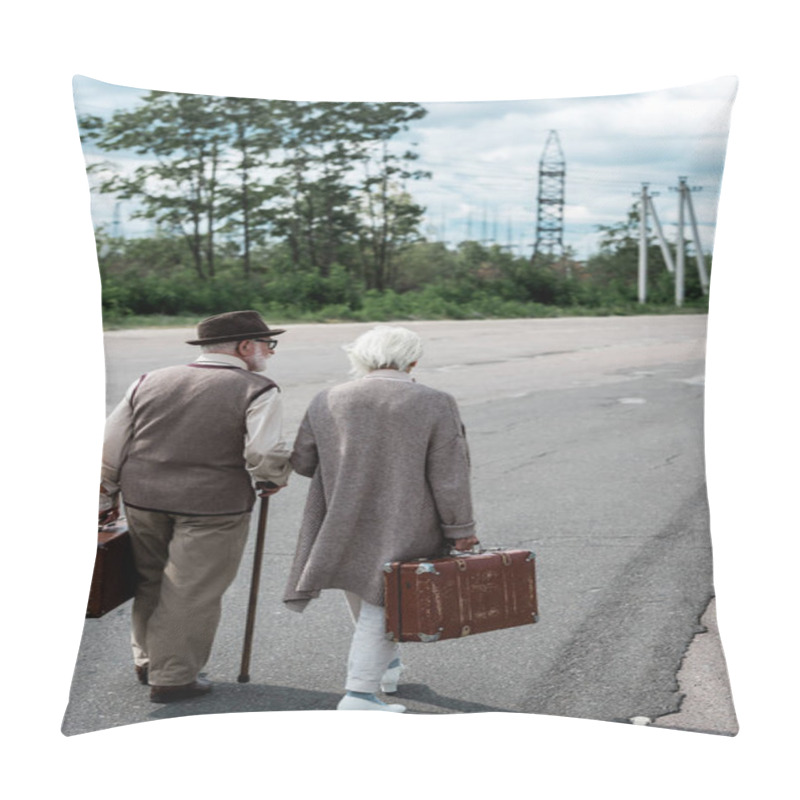 Personality  Back View Retired Woman And Man In Hat Walking With Travel Bags  Pillow Covers