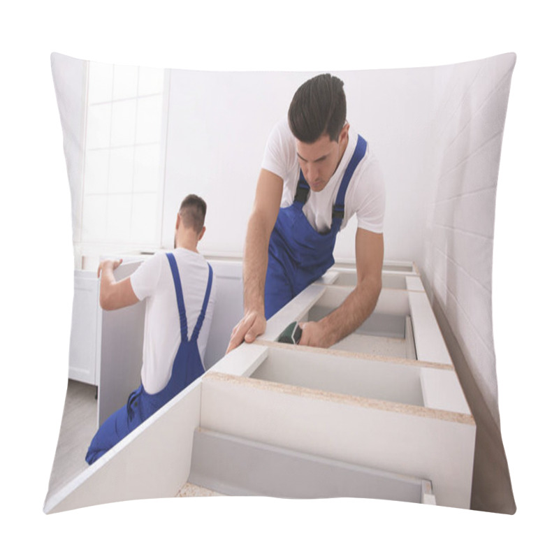 Personality  Maintenance Workers Installing New Kitchen Furniture Indoors Pillow Covers