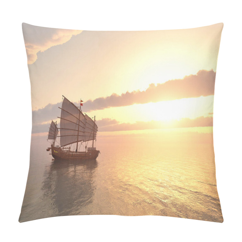 Personality  Computer Generated 3d Illustration With A Chinese Junk At Sunset Pillow Covers