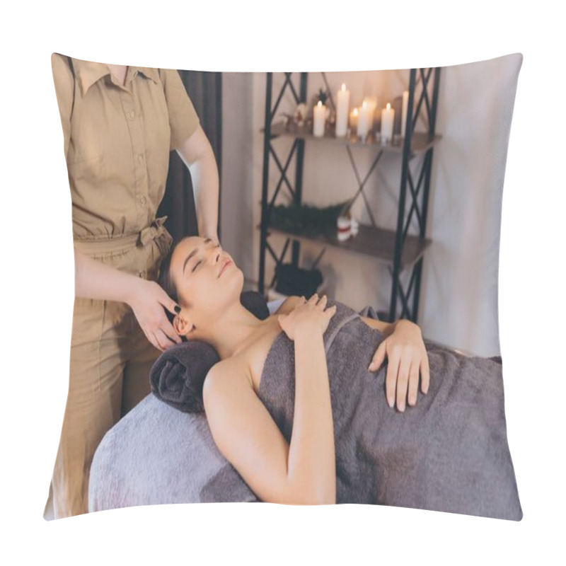 Personality  Massage Therapist Performing Head Massage On Young Woman Lying On Massage Table, Enjoying Spa Treatment Pillow Covers