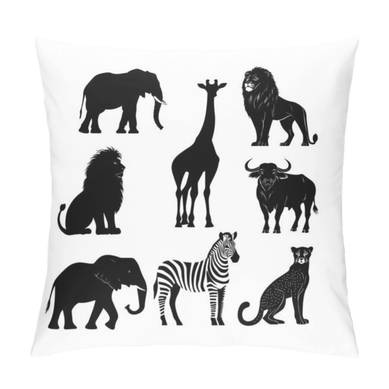 Personality  Silhouettes Of African Wildlife Including Giraffes, Zebras, And Rhinos On A White Background Pillow Covers