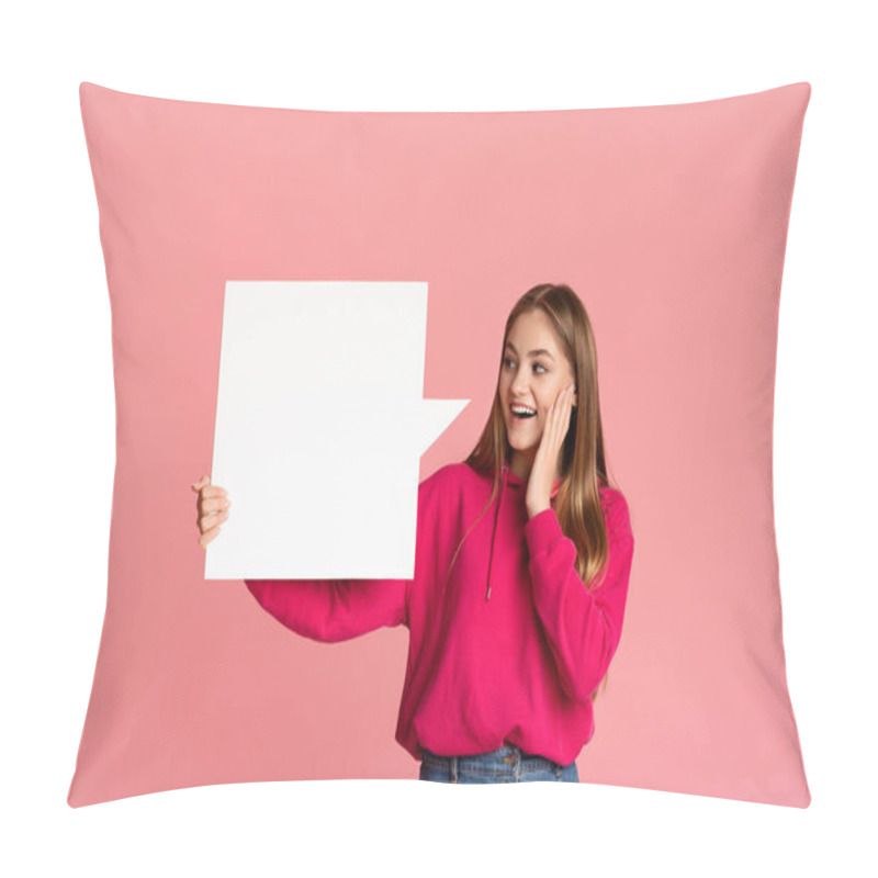 Personality  Surprised Girl Holds Abstract Place For Words And Touches Cheek With Hand Pillow Covers