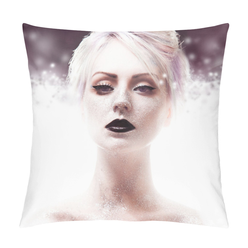 Personality  Snow Queen, Creative Closeup Portrait Of Girl With Black Lips Pillow Covers