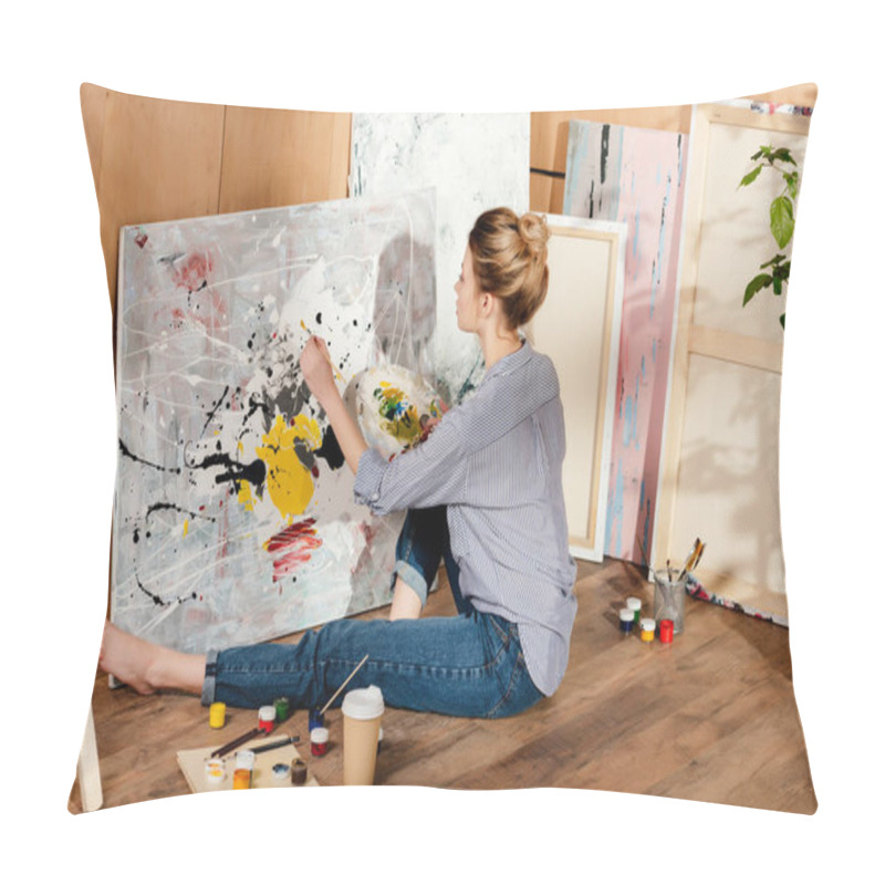 Personality  Beautiful Young Female Painter Sitting On Floor And Drawing Picture In Art Studio Pillow Covers