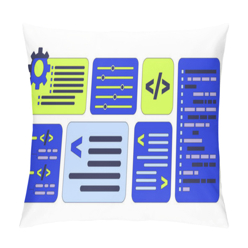 Personality  Software Development Programming Interface 2D Cartoon Objects Set. Code Visualization. Brackets Slash Coding Isolated Elements Flat Vector Cliparts On White Background. Spot Illustrations Collection Pillow Covers