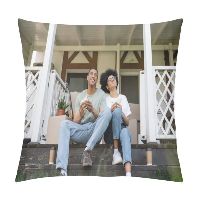 Personality  Positive African American Couple Holding Sandwiches Near Coffee To Go On Porch Of New House Pillow Covers