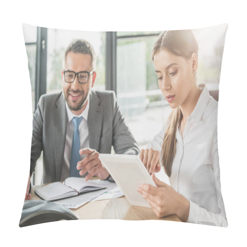 Personality  Successful Young Businessman And Businesswoman Working Together At Modern Office Pillow Covers