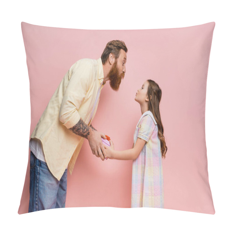 Personality  Side View Of Girl Pouting Lips While Giving Gift To Bearded Dad On Pink Background  Pillow Covers