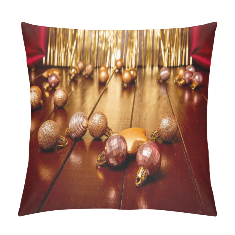 Personality  Collection Of Sparkling Gold And Pink Christmas Ornaments Scattered On A Wooden Floor, With A Golden Backdrop And Festive Ambiance. Greeting Postcard. Copy Space Pillow Covers