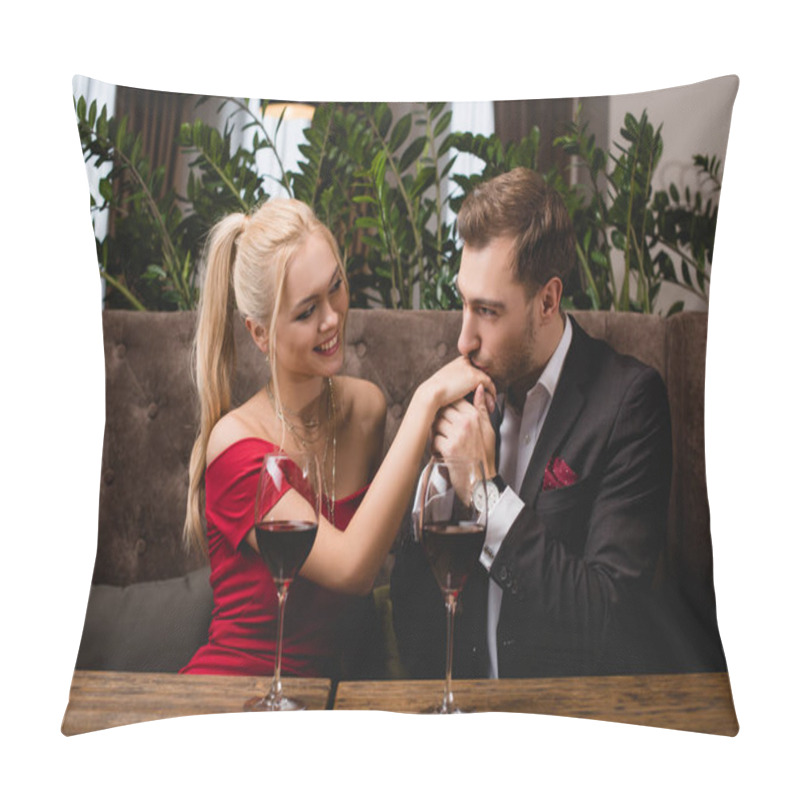 Personality  Handsome Man Kissing Hand Of Attractive Woman In Restaurant During Romantic Date Pillow Covers