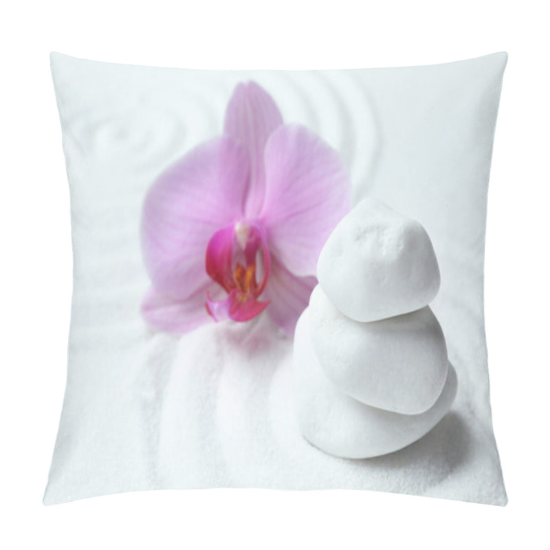 Personality  Stack Of White Stones And Beautiful Flower On Sand With Pattern. Zen, Meditation, Harmony Pillow Covers