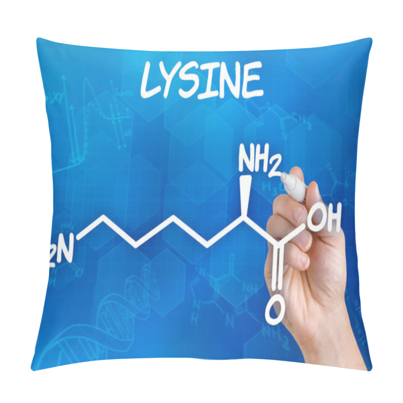 Personality  Hand With Pen Drawing The Chemical Formula Of Lysine Pillow Covers