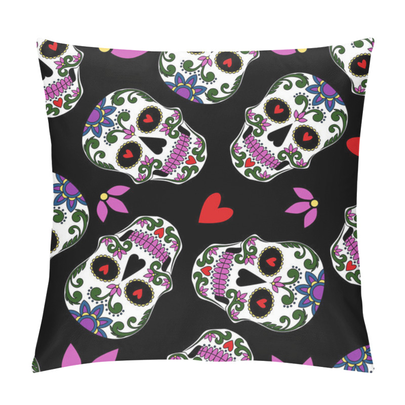 Personality  Seamless Texture With Mexican Skulls, Hearts, Flowers. Vector Image On A Black Background. Pillow Covers