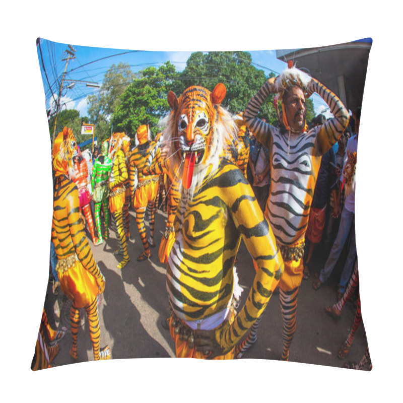 Personality  Thrissur, Kerala, India / September 10, 2014: Trained Dancers Get Their Body Painted In The Colors Of A Tiger Participate In The Famous 200 Year Old Pulikali Dance.  Pillow Covers