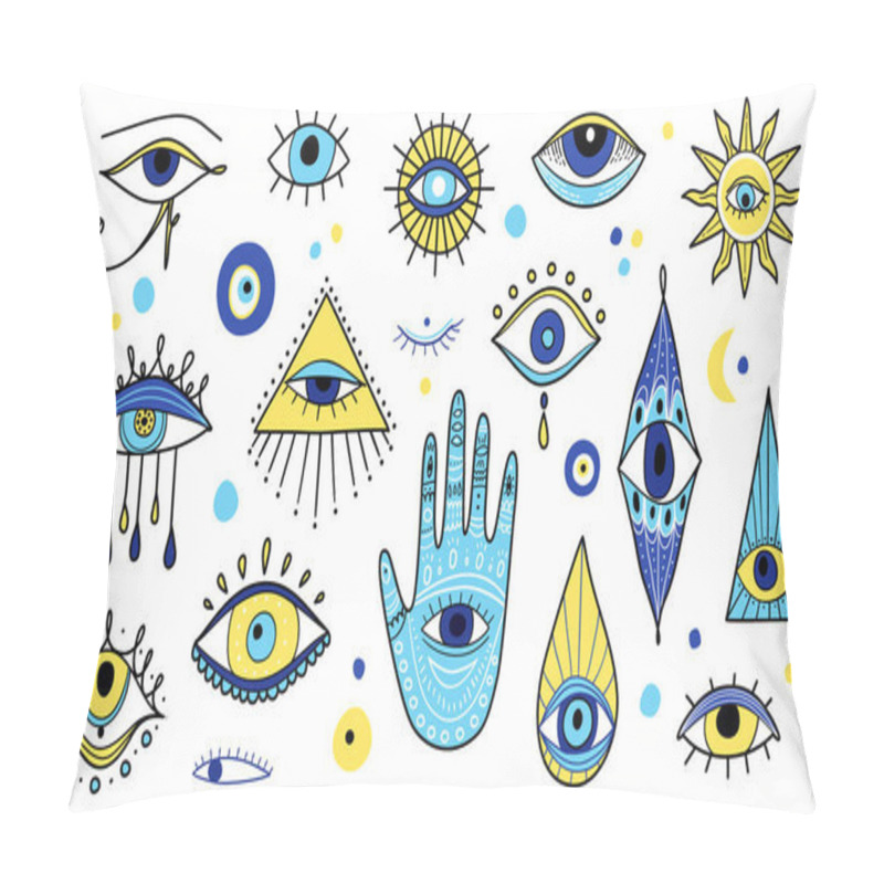 Personality  Evil Eyes Icon Set, Various Talismans In Hand Drawn Style.  Pillow Covers