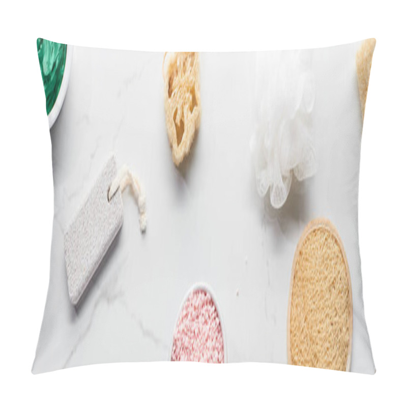 Personality  Panoramic Shot Of Bath Sponges, Loofah, Pumice Stone And Cups With Natural Beauty Products On Marble Surface Pillow Covers