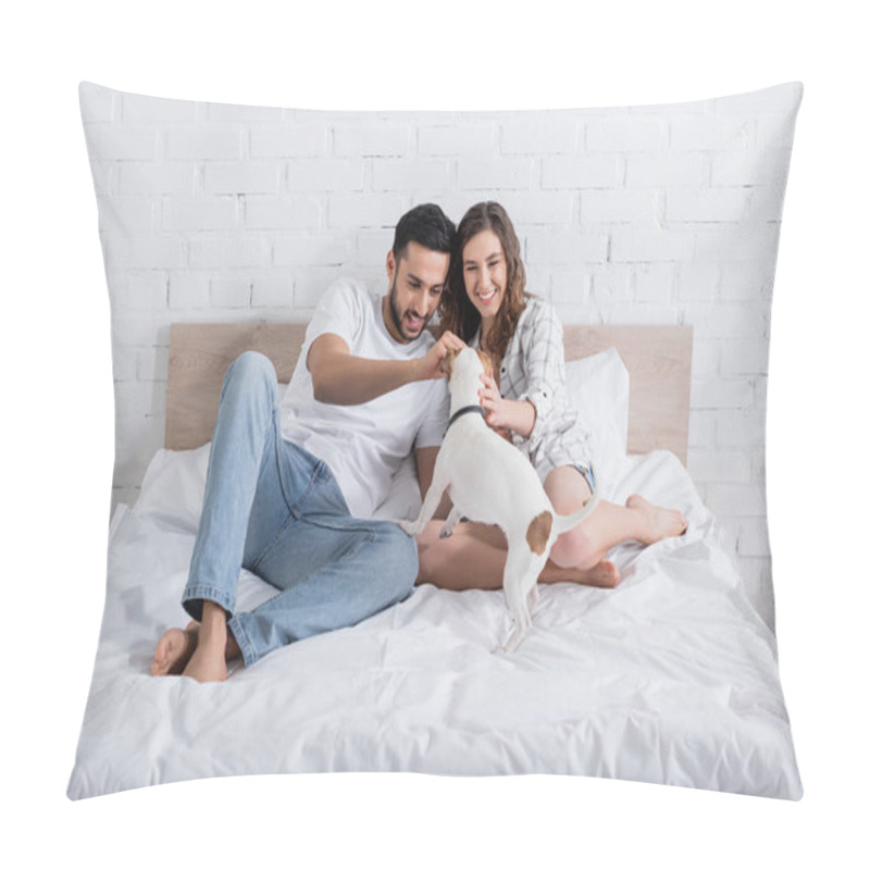 Personality  Happy Interracial Couple Petting Jack Russell Terrier On Bed Pillow Covers