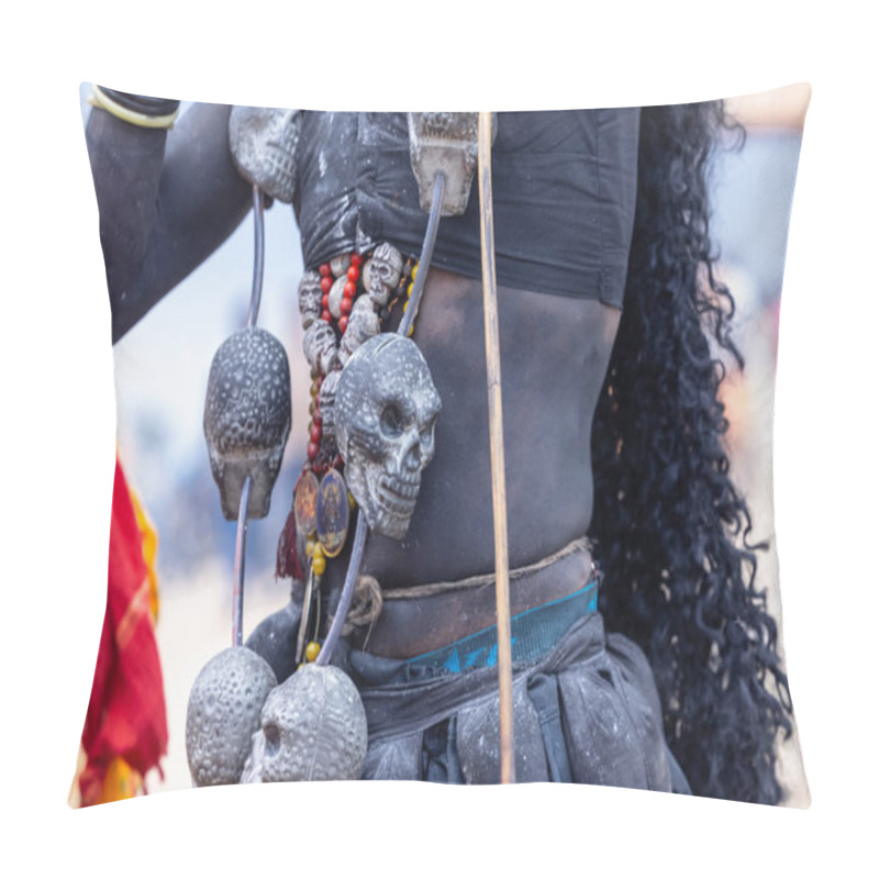 Personality  Kulashekharapatnam, Tamilnadu, India - October 11 2024: Kulasai, Portrait Of Indian Hindu Devotee With Painted Face And Dressed As Goddess Kali To Perform The Rituals Of Kulasai Dasara Cult Festival. Pillow Covers