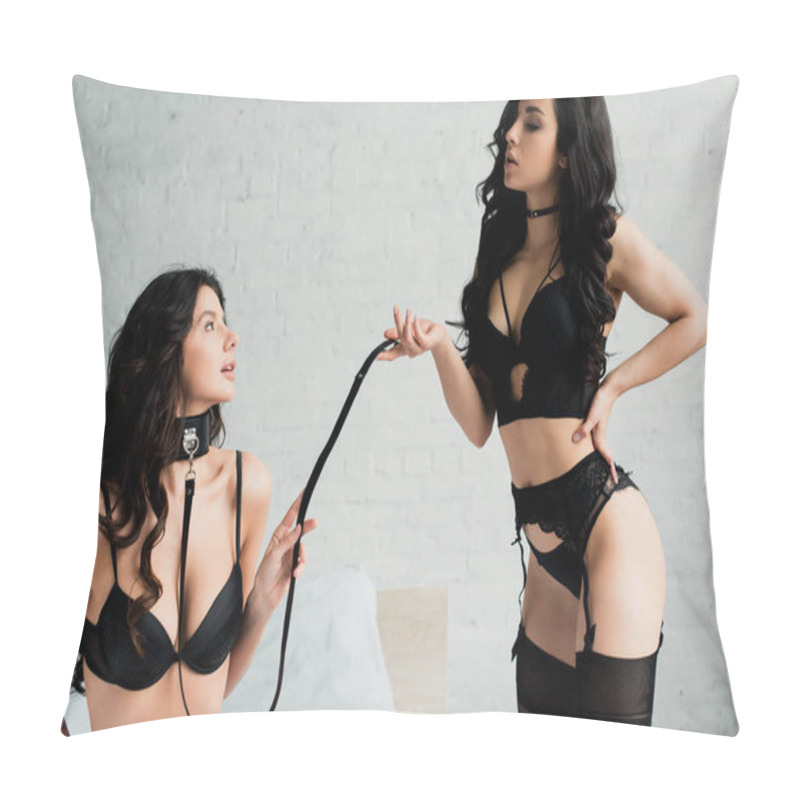 Personality  Sexy Dominant And Submissive Lesbians In Black Lingerie Playing Fetish Collar With Leash In Bedroom Pillow Covers