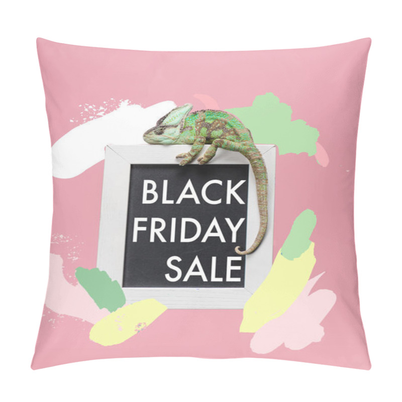 Personality  Beautiful Bright Green Chameleon On Blackboard In White Frame Isolated On Pink With Black Friday Sale Pillow Covers