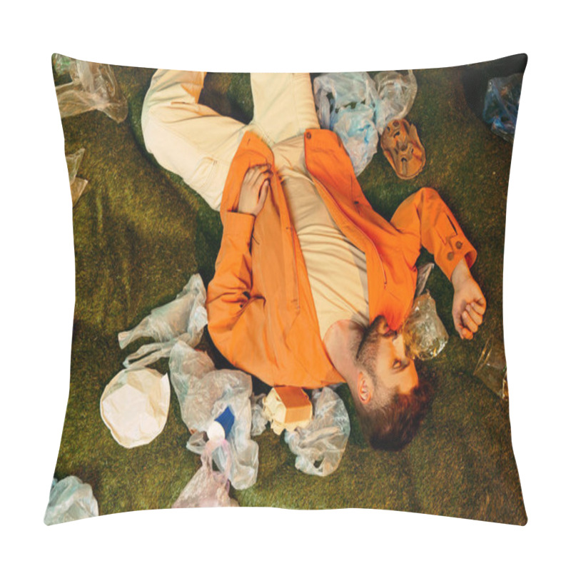 Personality  A Man Lies On The Grass, Surrounded By Plastic Waste. Pillow Covers