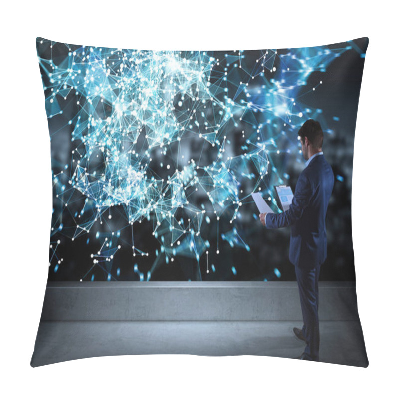 Personality  Businessman Watching Connection Network On A Rooftop 3D Renderin Pillow Covers