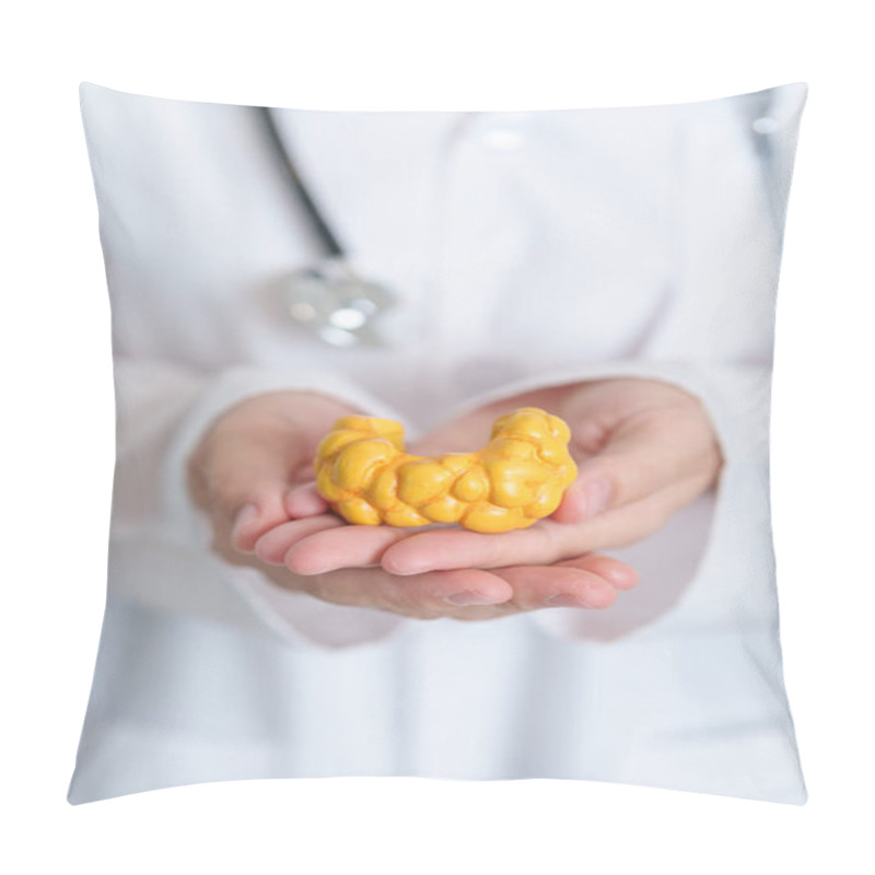 Personality  Doctor With Human Thyroid Anatomy Model. Hyperthyroidism, Hypothyroidism, Hashimoto Thyroiditis, Thyroid Tumor And Cancer, Postpartum, Papillary Carcinoma And Health Concept Pillow Covers