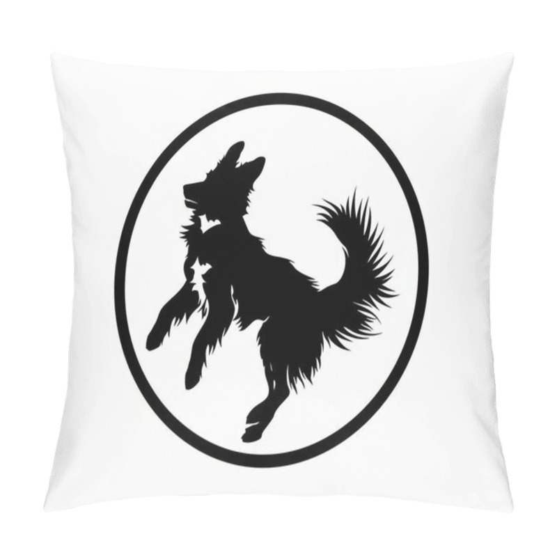 Personality  A Playful Silhouette Of A Dog Jumping, Showcasing Its Energetic Spirit Within A Circular Border. Pillow Covers