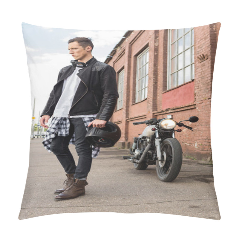 Personality  Brutal Man Near His Cafe Racer Custom Motorbike. Pillow Covers