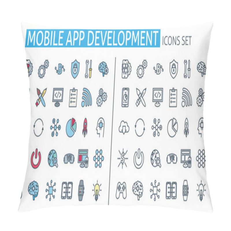 Personality  Mobile App Development Icons Set. For Smartphone User Interface, Website, Software API, Seo Poster Concept Digital Marketing Technologies Banner UI Elements Template. Thin Line Web Design Symbols Flat Pillow Covers