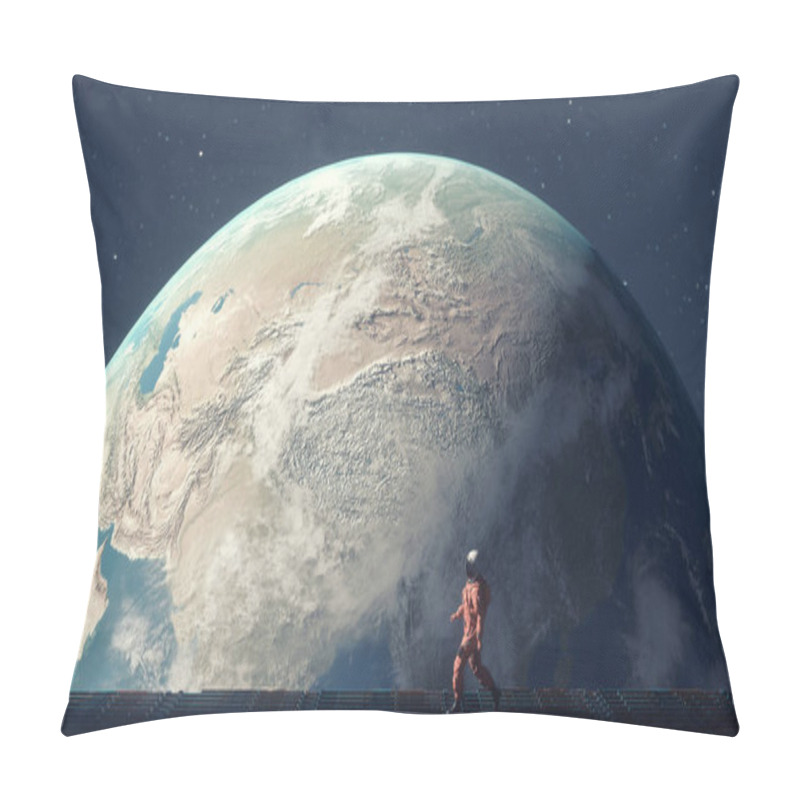 Personality  Astronaut Walks On Structure In Front Of Earth In Space . This Is A 3d Render Illustration . Pillow Covers