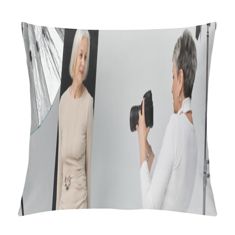 Personality  A Woman Photographs Her Partner In A Photo Studio, The Light From A Reflector Illuminating The Model Face. Pillow Covers