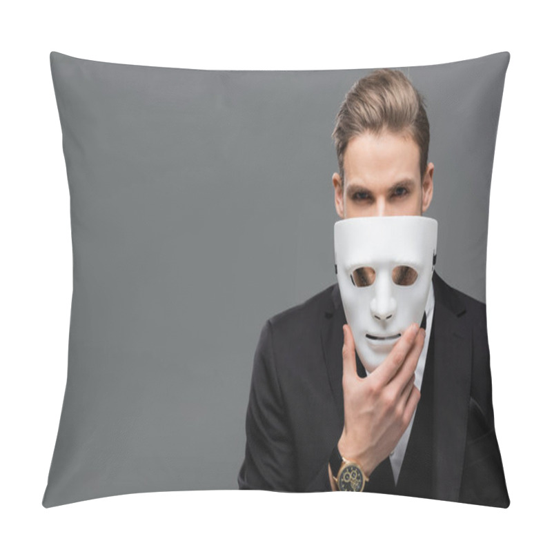 Personality  Businessman Holding Mask Near Face While Looking At Camera Isolated On Grey Pillow Covers