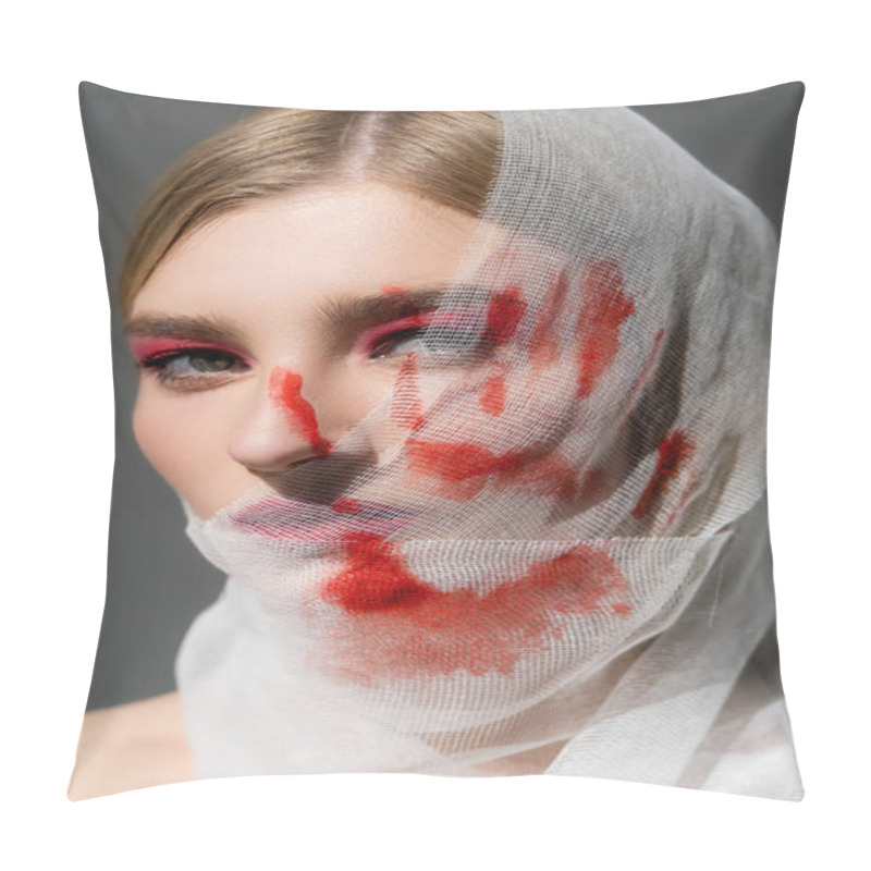 Personality  Young Woman With Red Print Of Hand On Medical Bandage On Face Isolated On Grey  Pillow Covers